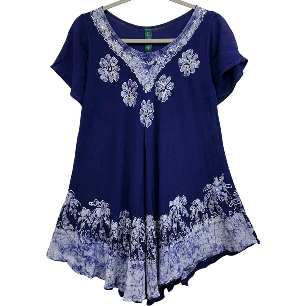 Sunflower Top‎ Womens One Size Blue Boho Tunic V Neck Beaded Palm Trees Beach